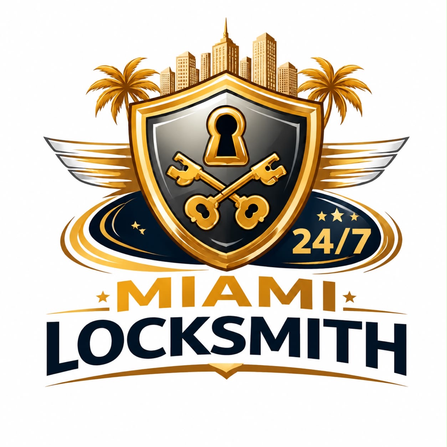 Miami Locksmith crest with crossed keys and Miami skyline